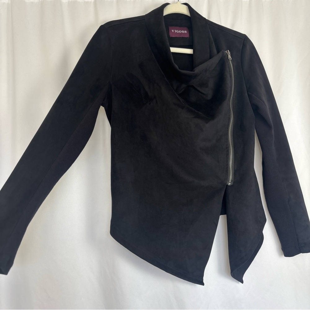 Vigoss‎ Women's Small Black Faux Suede Asymmetrical Zip Draped Neck Moto Jacket
